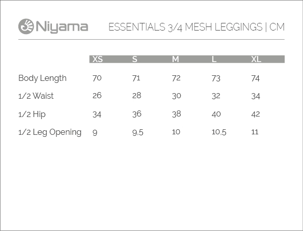 Niyama Essentials Sizechart: 3/4 Mesh Yoga Leggings