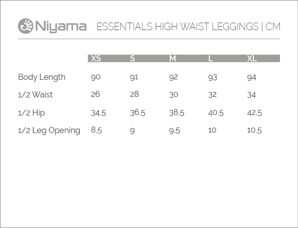 Niyama Yoga Wear: Sizechart High Waist Leggings in cm