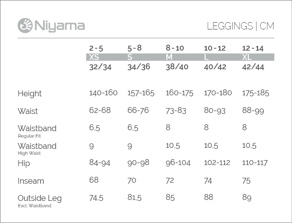 Niyama Yoga Wear: Sizechart Leggings in cm