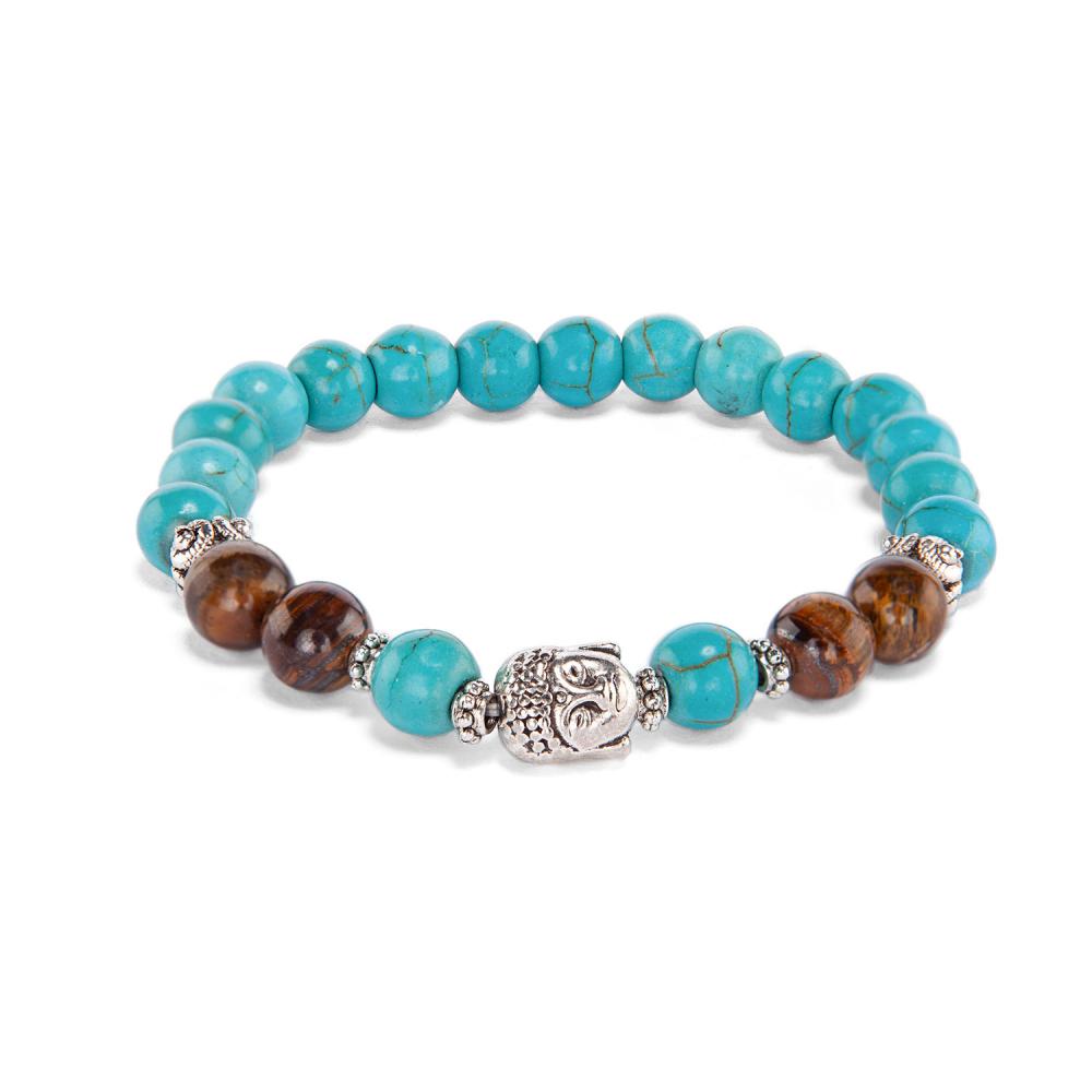 Bracelet fantaisie Mala, "turquoise & œil de tigre", 21 perles 