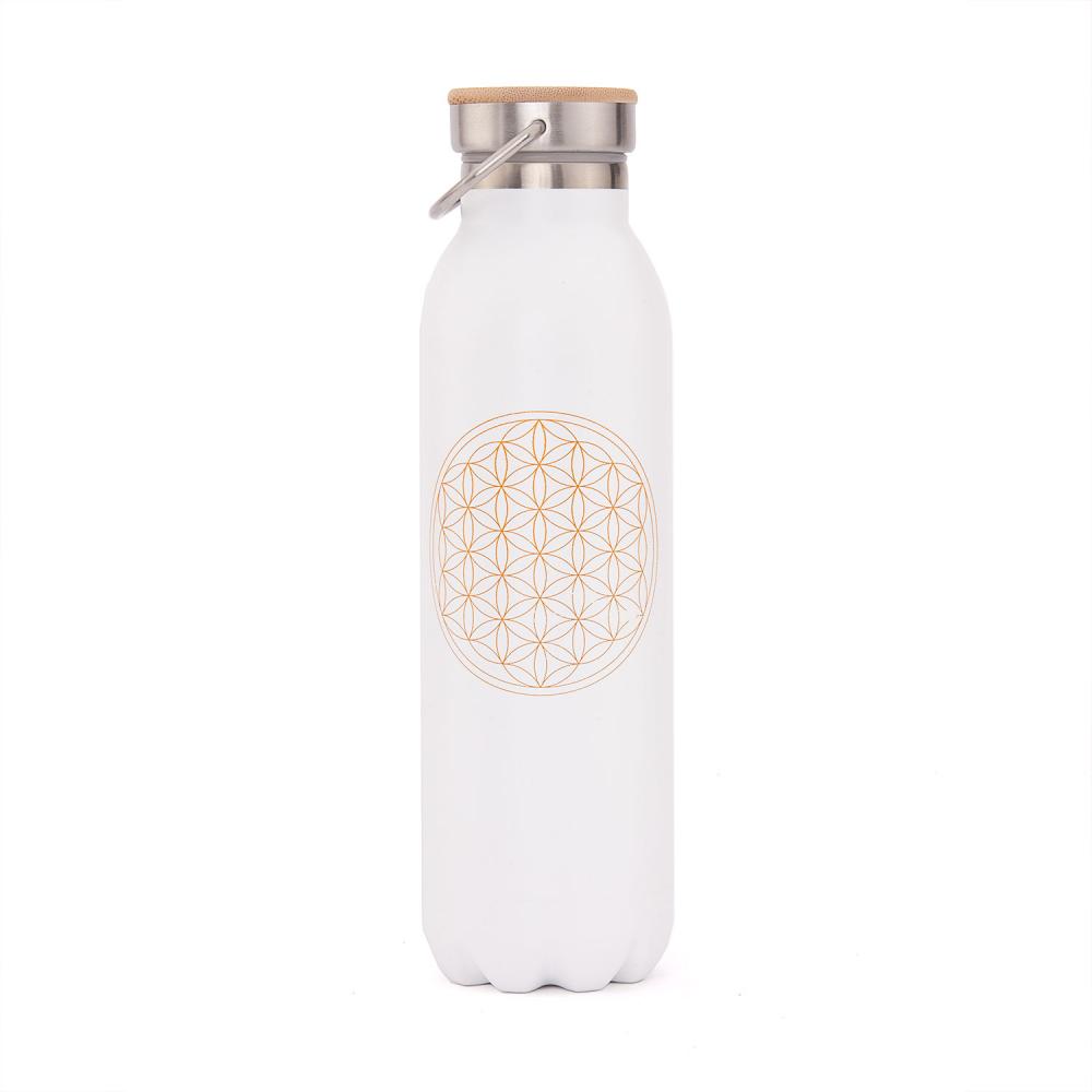 Isolier-Trinkflasche 600 ml, Edelstahl Blume des Lebens, matt-weiß 
