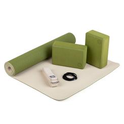 Kit de yoga FLOW avec tapis de yoga, brique et sangle vert olive/sable